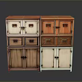 Various Colored Stacked Wooden Storage Cabinets With Different Designs Doors And Drawers
