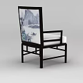 Traditional Chinese Style Chair With Black Frame And Landscape Painting Backrest White Cushion