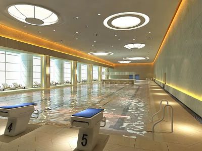 Spacious Indoor Swimming Pool Featuring Large Windows Natural Light And Numbered Starting Blocks 3d model
