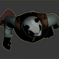 Panda Themed Game Character Wearing Brown Vest And Blue Long Sleeves Holding Red Container
