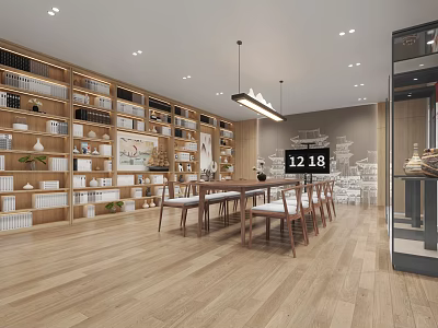 Book Art Space With Wooden Bookshelves Numerous Books Long Table And Pendant Lights 3d model