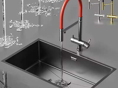 Stainless Steel Kitchen Sink With Red Faucet And Water Flow Modern Design For Home Kitchen 3d model