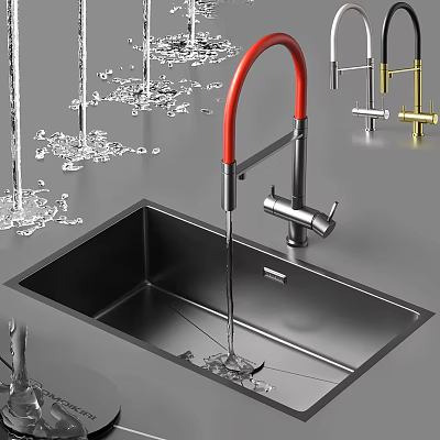 Stainless Steel Kitchen Sink With Red Faucet And Water Flow Modern Design For Home Kitchen 3d model