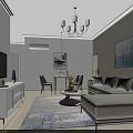 Modern Living And Dining Room Interior With Gray Sofa Coffee Table And Chandelier