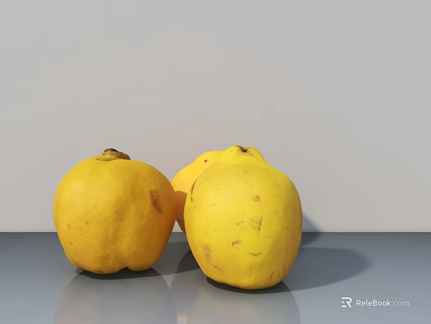 Three Fresh Yellow Fruits Placed On Gray Table With Light Background 3d model 