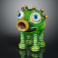 Green Cartoon Creature Character With Big Blue Eyes Spiral Nose And Multiple Legs Sculpture