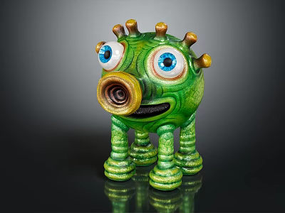 Green Cartoon Creature Character With Big Blue Eyes Spiral Nose And Multiple Legs Sculpture 3d model