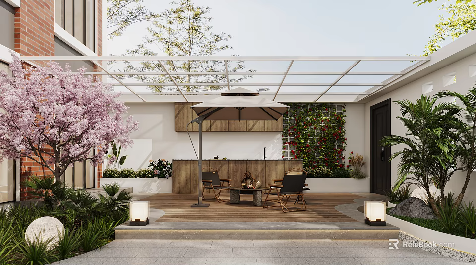 Courtyard Garden with Glass Roof Cherry Blossom Tree Wooden Bar Counter and Outdoor Chairs 3d model 