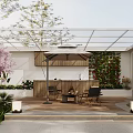 Courtyard Garden with Glass Roof Cherry Blossom Tree Wooden Bar Counter and Outdoor Chairs