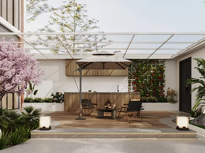 Courtyard Garden with Glass Roof Cherry Blossom Tree Wooden Bar Counter and Outdoor Chairs 3d model