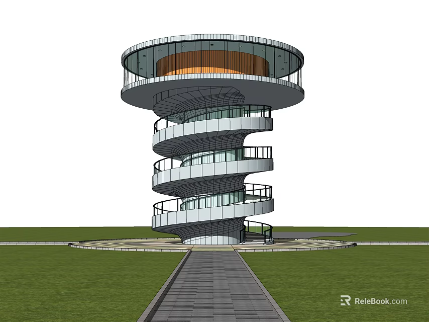 Modern Spiral Glass Tower With Circular Top And Lawn Walkway Design 3d model 