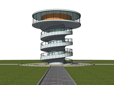 Modern Spiral Glass Tower With Circular Top And Lawn Walkway Design 3d model
