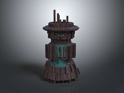 Cartoon Style Tower Constructed From Wooden Blocks With Glowing Blue Lines 3d model