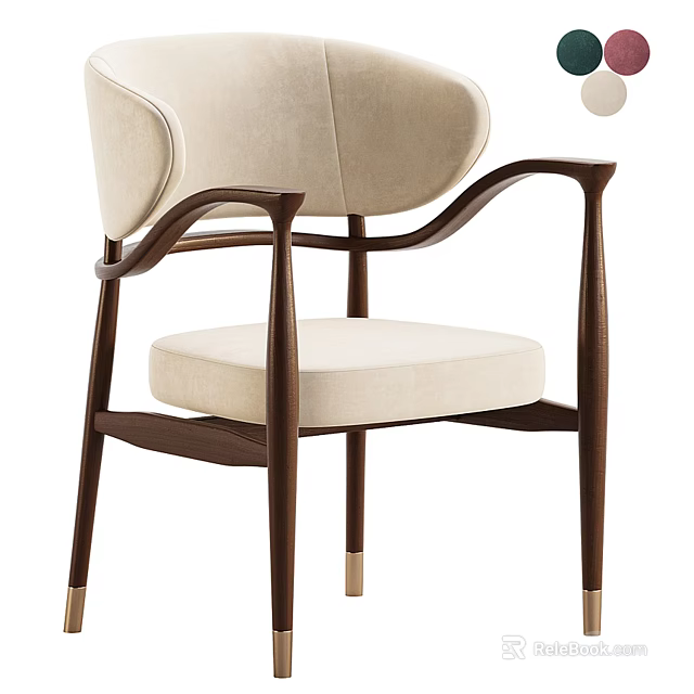 Beige Upholstered Leisure Chair With Curved Dark Wooden Frame And Golden Legs 3d model 