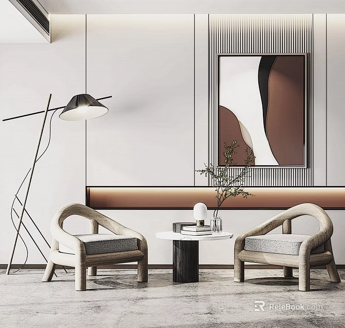 Leisure Sofa Set with Two Chairs Round Coffee Table Floor Lamp and Modern Decorative Artwork 3d model 