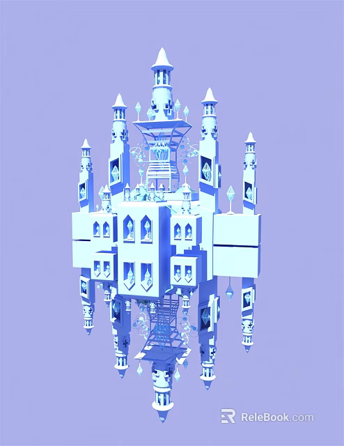 Cartoon Scene Featuring Blue Castle With Spires Windows And Decorative Details 3d model 