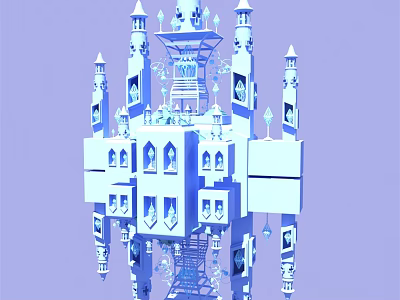 Cartoon Scene Featuring Blue Castle With Spires Windows And Decorative Details 3d model