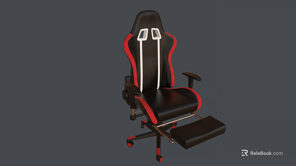 Ergonomic Gaming Chair Black Red With White Stripes Armrests Footrest Leather Design Rolling Wheels 3d model 