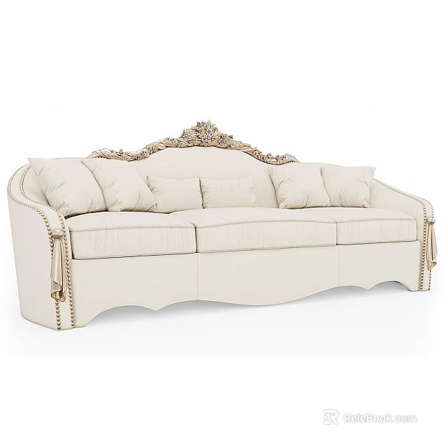 Elegant Beige Three Seater Sofa With Ornate Carved Top And Plush Pillows 3d model 