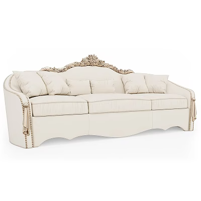 Elegant Beige Three Seater Sofa With Ornate Carved Top And Plush Pillows 3d model