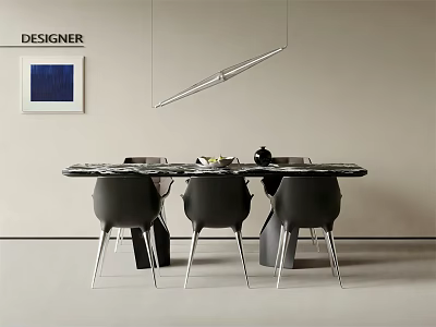 Modern Dining Table Set With Marble Top Black Chairs Hanging Light And Wall Art 3d model