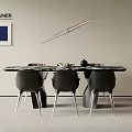 Modern Dining Table Set With Marble Top Black Chairs Hanging Light And Wall Art