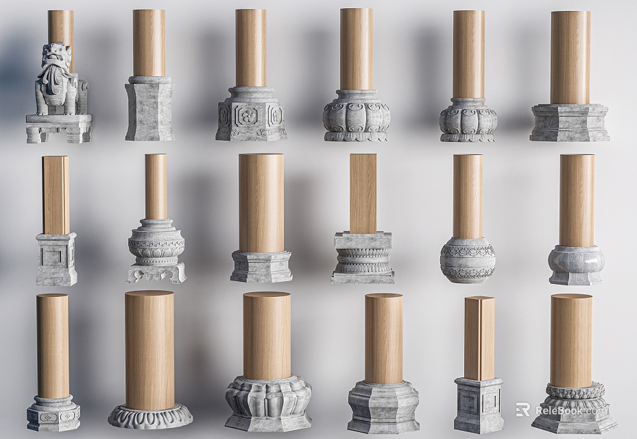 Various Decorative Columns In Different Styles With Ornate Carvings And Base Designs 3d model 