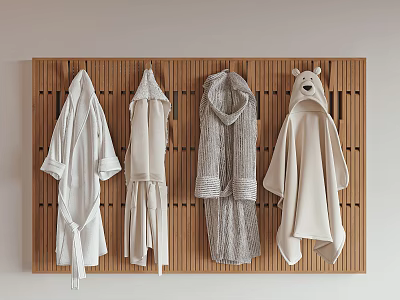 Various Styles Robes Hanging On Wooden Slat Board Hooded Tied Waist Striped Beige Light Gray 3d model