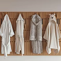 Various Styles Robes Hanging On Wooden Slat Board Hooded Tied Waist Striped Beige Light Gray