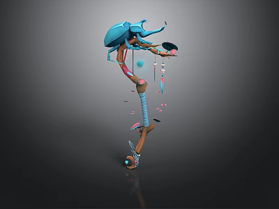 Man Holding Black Object With Blue Beetle And Pink Blue Decorations On Dark Background 3d model