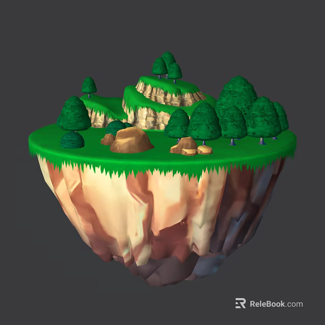 Cartoon Floating Island Scene With Green Grass Trees Rocks And Hills 3d model 