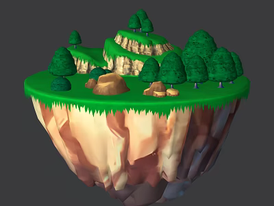 Cartoon Floating Island Scene With Green Grass Trees Rocks And Hills 3d model