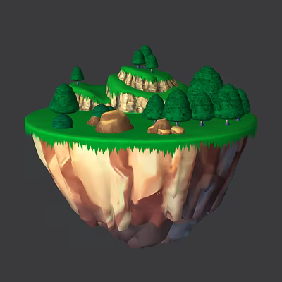 Cartoon Floating Island Scene With Green Grass Trees Rocks And Hills 3d model