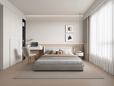 Modern Bedroom Interior Design With Bed Desk Chair Wardrobe Framed Pictures And Window Curtains 3d model