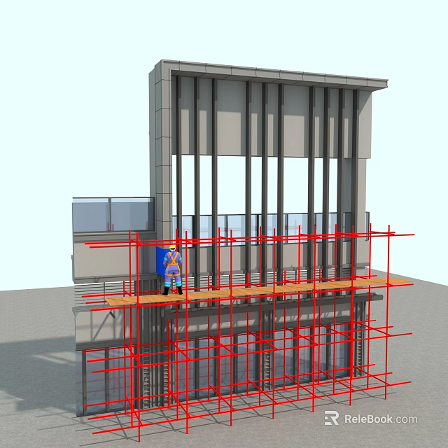 Building Facade Under Construction with Scaffolding Worker Metal Frames and Glass Panels 3d model