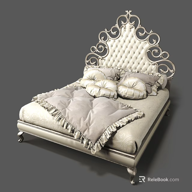 Luxurious Double Bed with Ornate Carved Headboard Tufted Design and Fringed Bedspread 3d model 