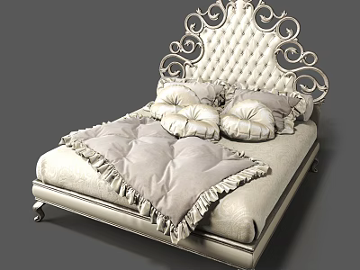 Luxurious Double Bed with Ornate Carved Headboard Tufted Design and Fringed Bedspread 3d model