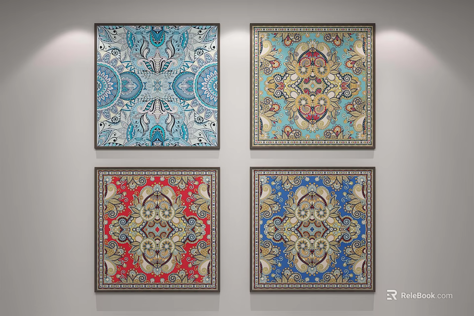 Four Square Wall Mounted Framed Decorative Paintings With Intricate Patterns 3d model