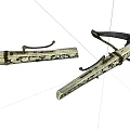 Traditional Crossbow Weapon With Wooden Frame Intricate Carvings And Leather Straps