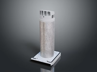 Scenic Landscape Featuring Silver Cylindrical Tower With White Square Base 3d model