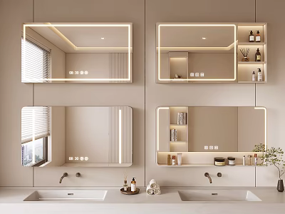 Modern Bathroom With Backlit Mirrors Double Sinks And Shelves For Toiletries 3d model