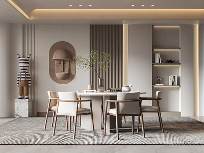 Elegant Modern Restaurant Interior With Round Mirror Dining Table Chairs Green Plant Bookshelf And Rug 3d model