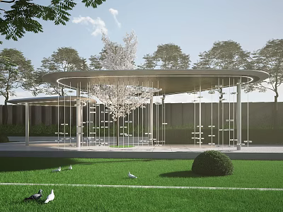 Modern Circular Pavilion With Metal Frame Curved Top in Grassland With Trees and White Doves 3d model