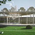 Modern Circular Pavilion With Metal Frame Curved Top in Grassland With Trees and White Doves