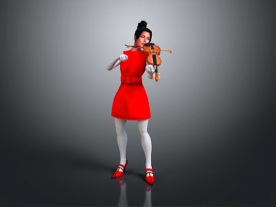 Female In Red Dress Holding Classic Violin With White Gloves And Red Shoes 3d model