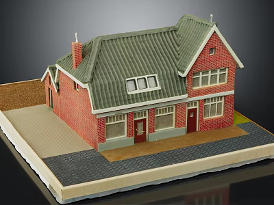 Red Brick Building Model With Green Roof Chimney Windows And Doors 3d model