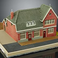 Red Brick Building Model With Green Roof Chimney Windows And Doors