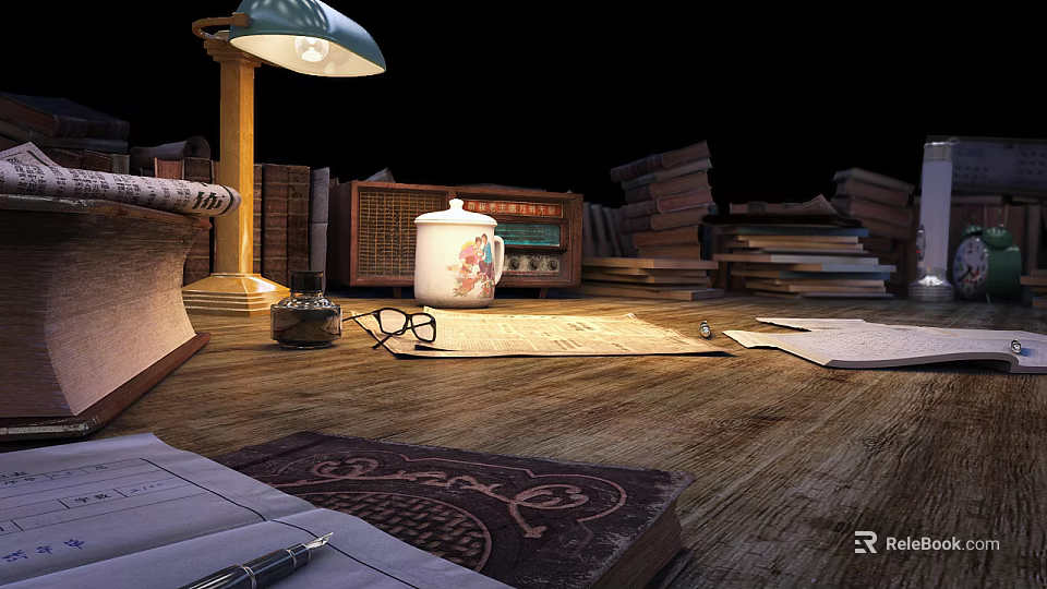 Cozy Study Space With Vintage Radio Lamp Books Glasses And Notebook On Wooden Floor 3d model 