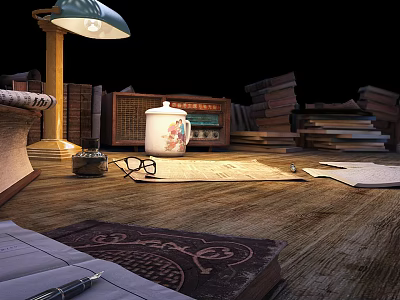 Cozy Study Space With Vintage Radio Lamp Books Glasses And Notebook On Wooden Floor 3d model