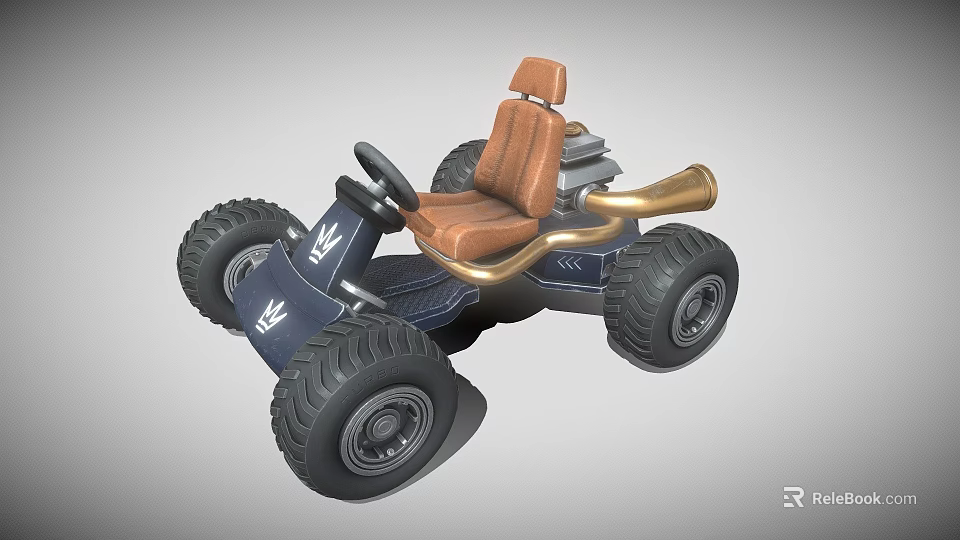 Dark Blue Kids Toy Go Kart With Large Wheels Brown Seat And Exhaust Pipe 3d model 